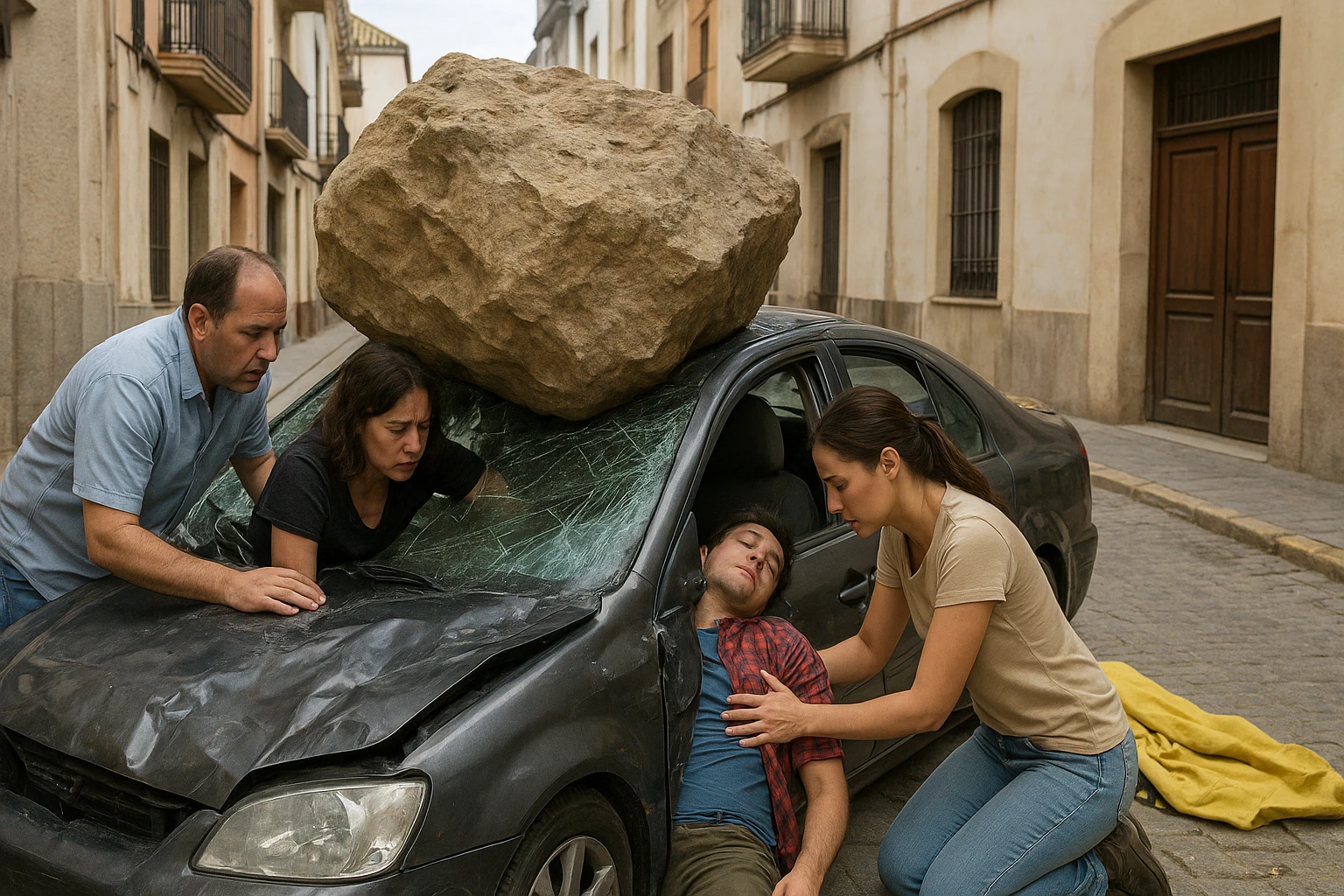 Ilustración de la noticia: Un hombre fallece y tres personas resultan heridas al caer una roca sobre un coche en Málaga