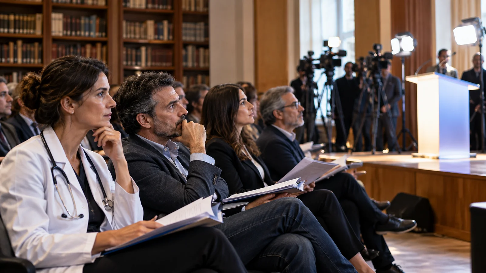 Ilustración editorial de profesionales escuchando una conferencia ante cámaras en una sala pública