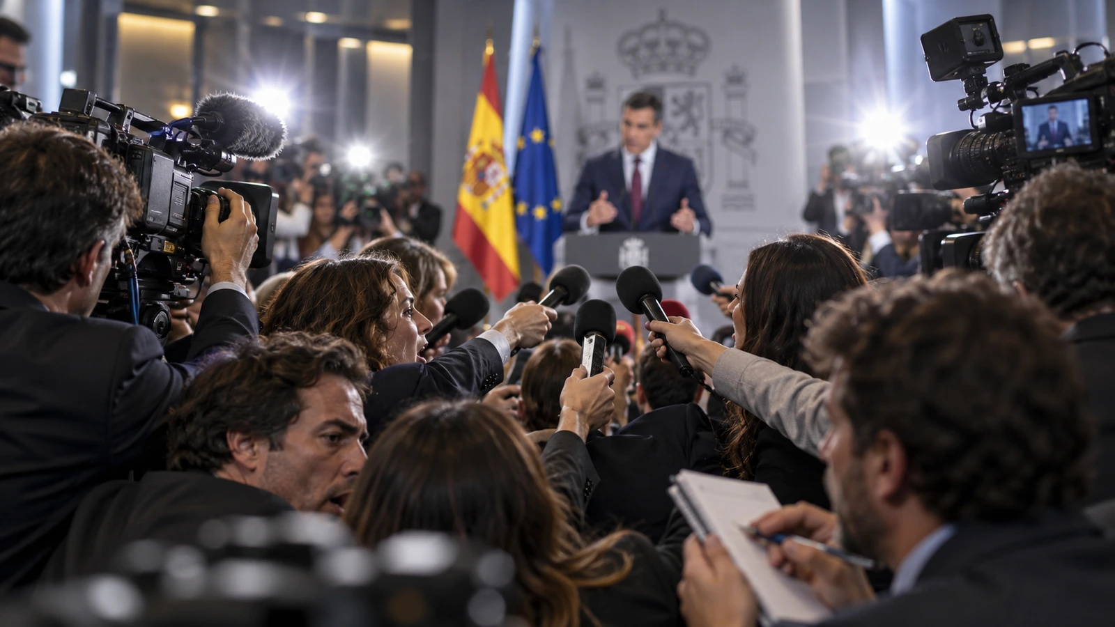 Una rueda de prensa rodeada de cámaras y micrófonos.