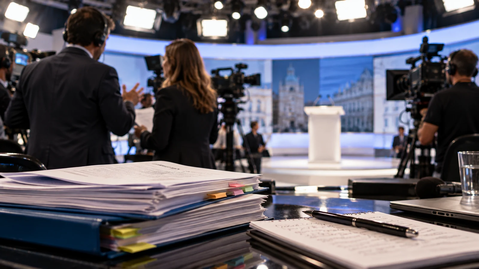 Imagen editorial generada con IA de un plató de televisión con documentación de propuestas políticas en primer plano
